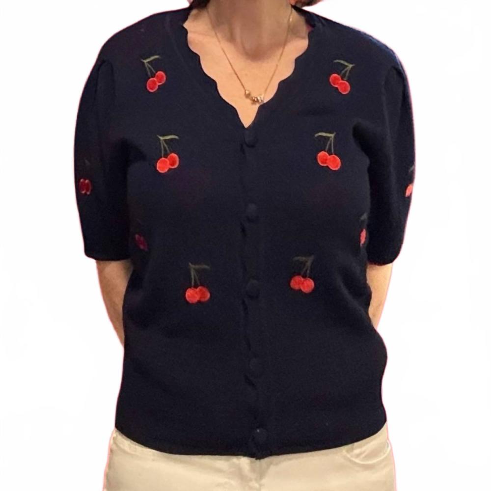 NEW BLUIVY cherry embroidered knit top in navy